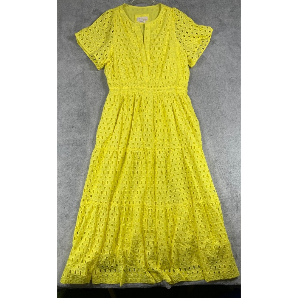 Anthropologie Dress Women 1X Yellow Eyelet Tiered Maxi Short Sleeve Smock Waist